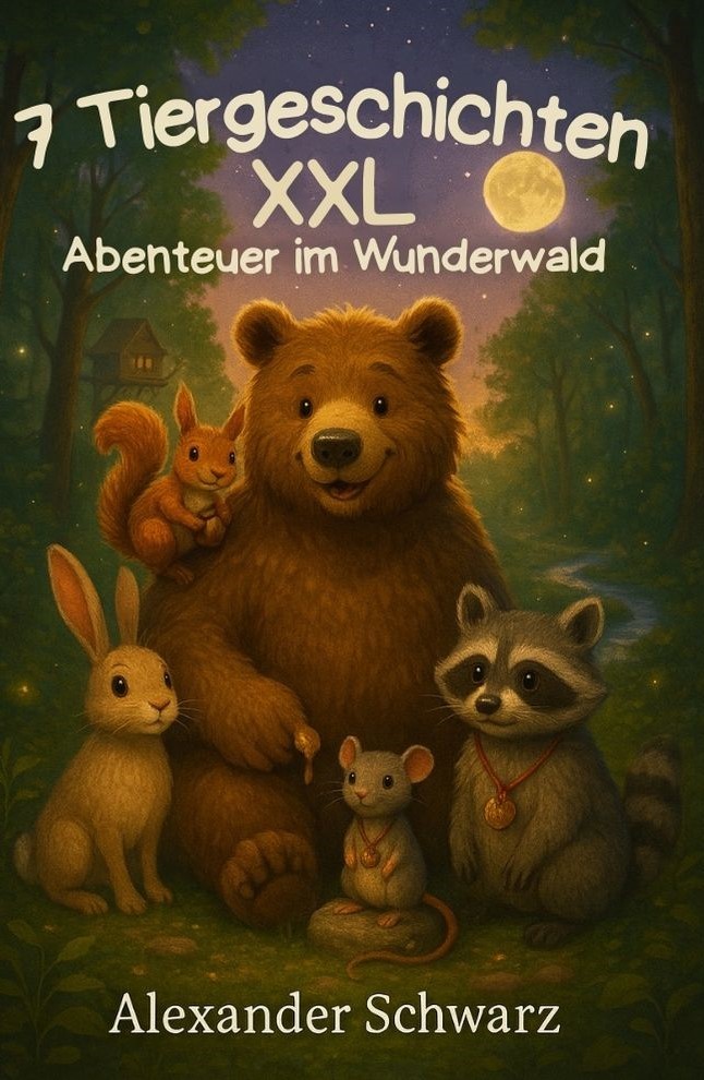 7 Tiergeschichten XXL – Abenteuer im Wunderwald Cover von „7 Tiergeschichten XXL – Abenteuer im Wunderwald“: Im Mondlicht sitzen ein freundlicher Bär, ein Eichhörnchen, ein Hase, eine Maus