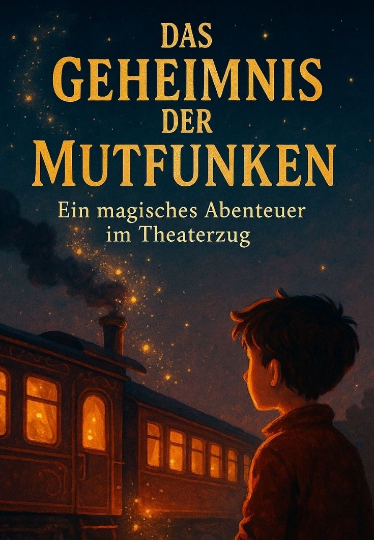 Das Geheimnis der Mutfunken – Ein magisches Abenteuer im Theaterzug Illustration eines Jungen, der nachts zu einem leuchtenden Theaterzug blickt; goldene Funken im Himmel, Titel „Das Geheimnis der Mutfunken“.