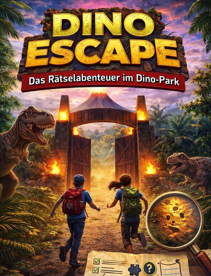 Dino Escape Das Rätselabenteuer im Dino Park Cover von „Dino Escape – Das Rätselabenteuer im Dino-Park“: Zwei Kinder rennen auf ein brennendes Parktor zu, ein Vulkan eruptiert, Dinosaur