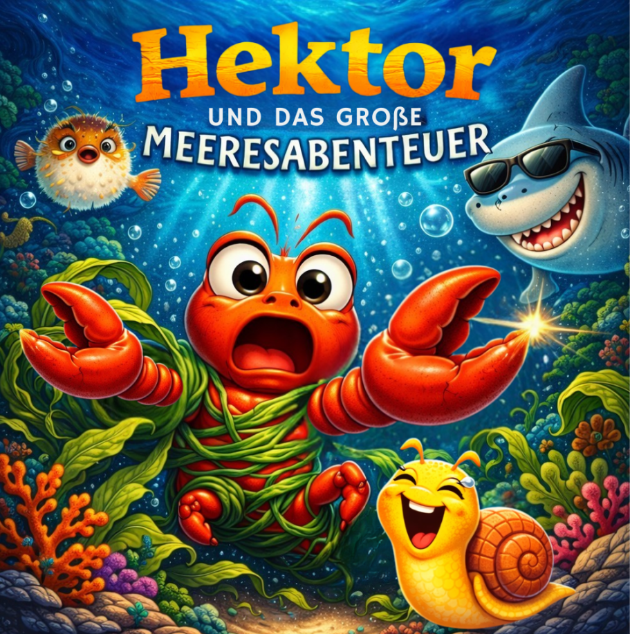 Hektor und das große Meeresabenteuer Buntes Kinderbuchcover unter Wasser: Ein roter Hummer mit großen Augen ist in grünen Algen verheddert und wirkt überrascht.